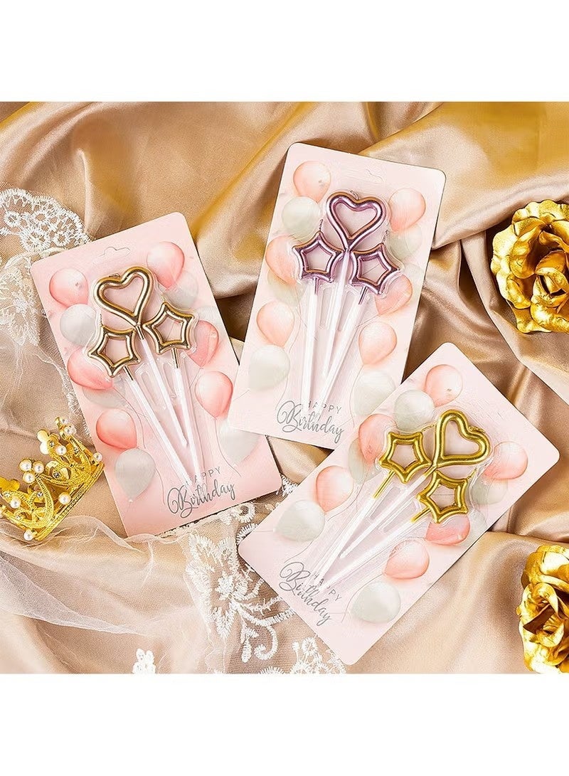 9Pcs Birthday Cake Candles Set,Heart and Star Gold Sparkler Candle,Includes 6 Star Birthday Candles and 3 Heart Birthday Candles,Candle Ornament for Birthday Wedding Anniversary Day ect - Image 1